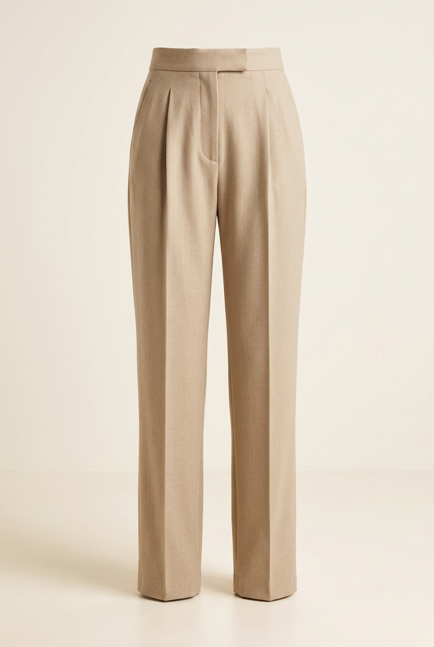AI-generated concept of beige tailored trousers on an off-white background