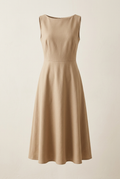 AI-generated concept illustration of a beige midi dress on an off-white background