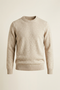 AI-generated concept illustration of a men's oatmeal crew-neck sweater on an off-white background