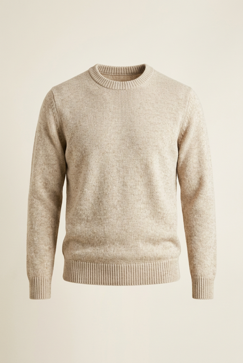 AI-generated concept illustration of a men's oatmeal crew-neck sweater on an off-white background