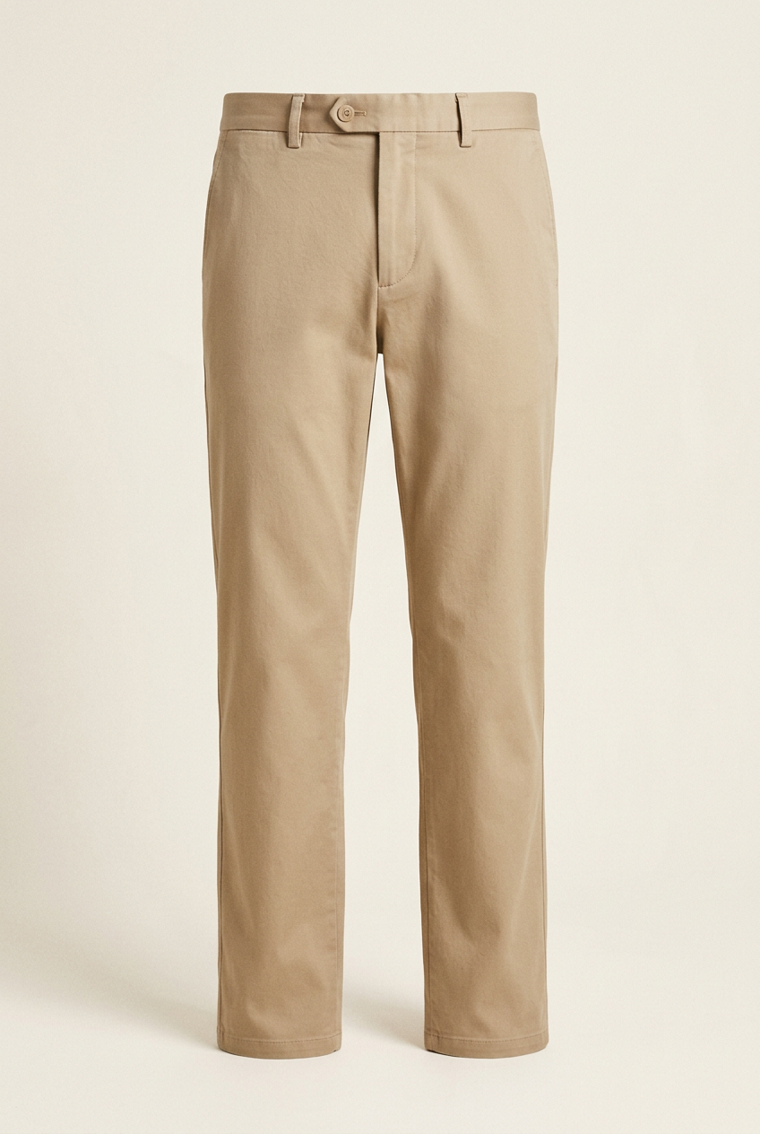 AI-generated concept illustration of men's sand beige chino trousers on an off-white background
