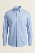 AI-generated concept illustration of a men's light blue button-down shirt on an off-white background
