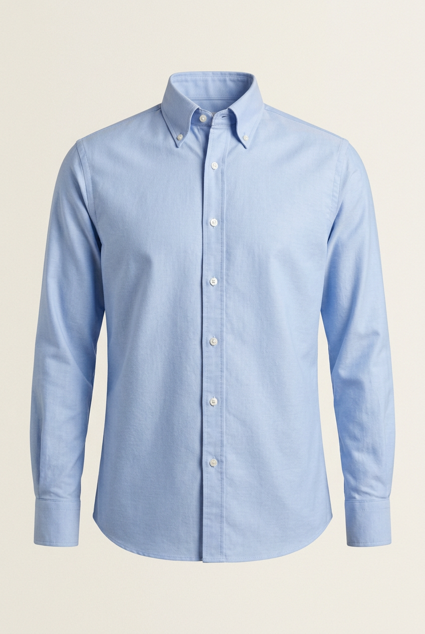 AI-generated concept illustration of a men's light blue button-down shirt on an off-white background