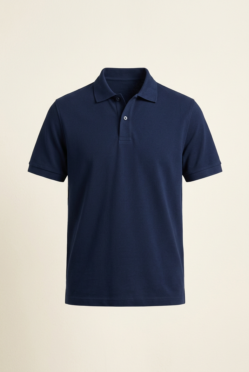 AI-generated concept illustration of a men's navy blue polo shirt on an off-white background