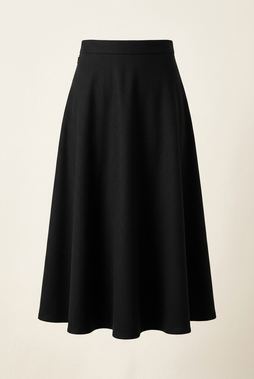 AI-generated concept illustration of a black midi skirt on an off-white background