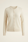 AI-generated concept illustration of a cream button-front cardigan on an off-white background