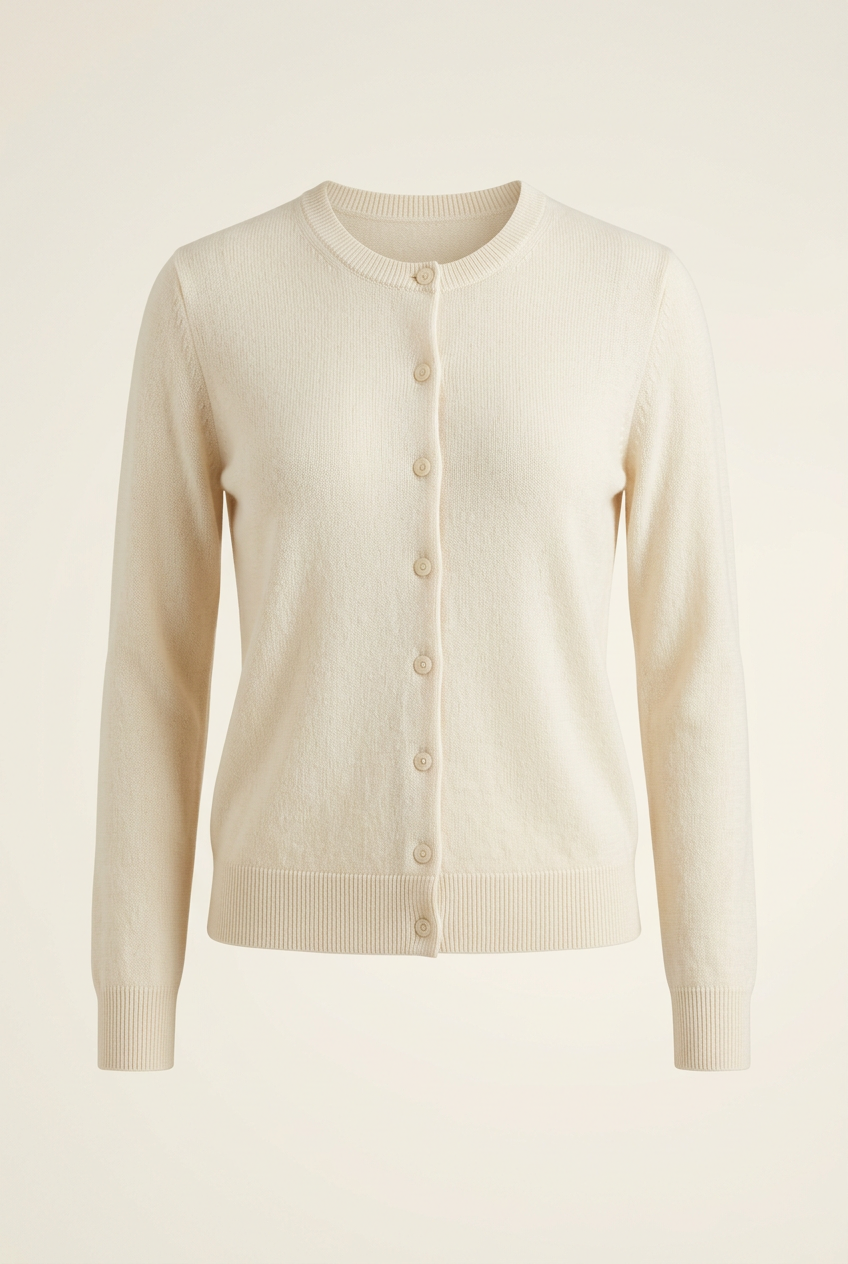 AI-generated concept illustration of a cream button-front cardigan on an off-white background