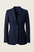 AI-generated concept illustration of a navy blue tailored blazer on an off-white background