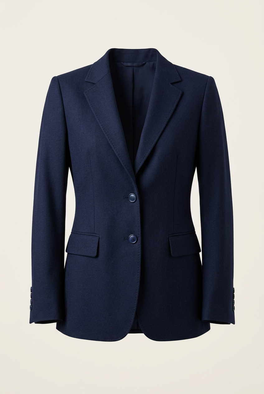 AI-generated concept illustration of a navy blue tailored blazer on an off-white background